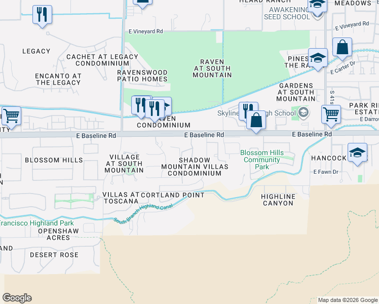 map of restaurants, bars, coffee shops, grocery stores, and more near 3511 East Baseline Road in Phoenix