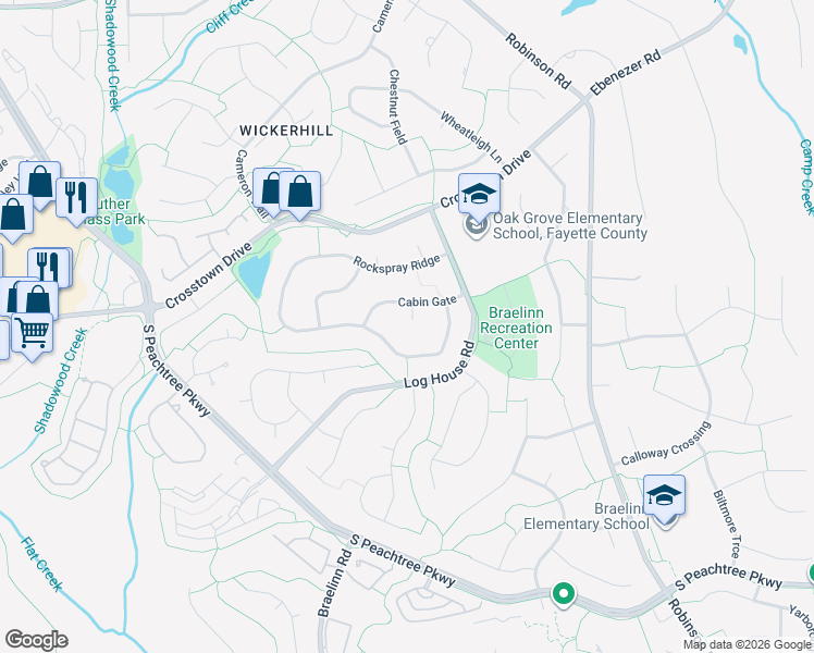 map of restaurants, bars, coffee shops, grocery stores, and more near 104 Cherry Hollow in Peachtree City