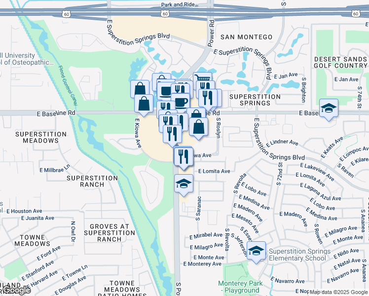 map of restaurants, bars, coffee shops, grocery stores, and more near 2121 South Power Road in Mesa