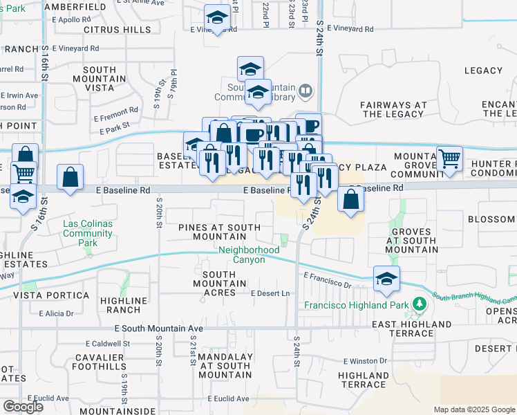 map of restaurants, bars, coffee shops, grocery stores, and more near 2319 East Branham Lane in Phoenix