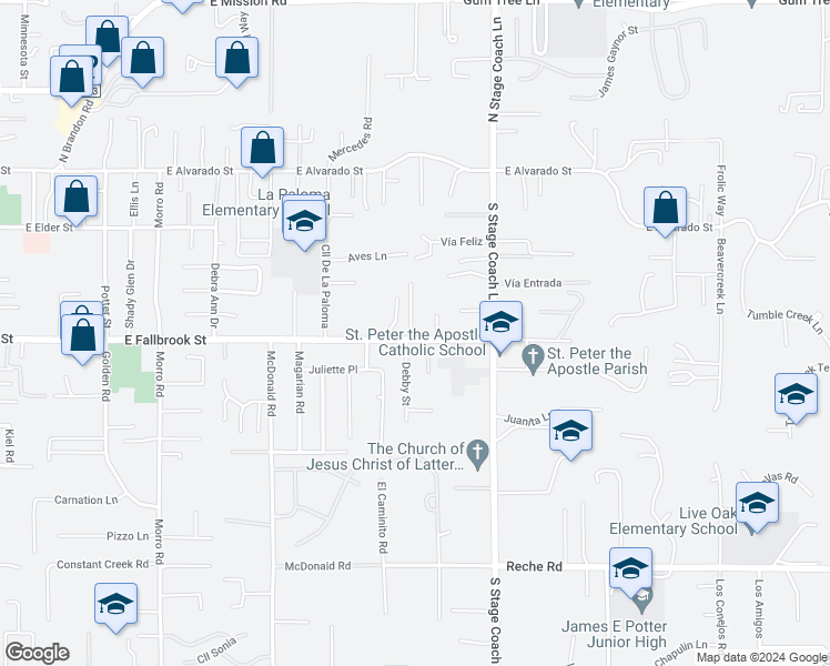 map of restaurants, bars, coffee shops, grocery stores, and more near 1340 East Fallbrook Street in Fallbrook