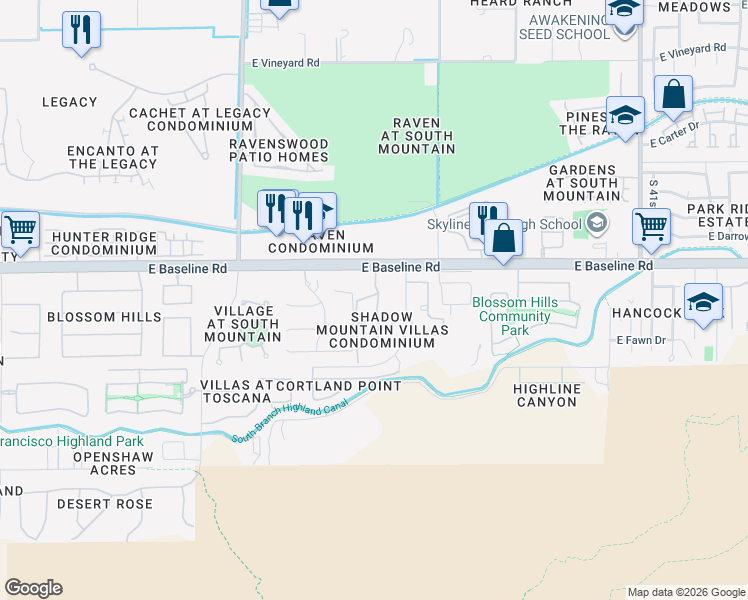 map of restaurants, bars, coffee shops, grocery stores, and more near 3511 East Baseline Road in Phoenix
