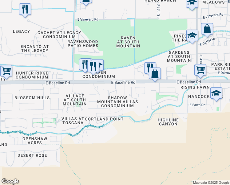 map of restaurants, bars, coffee shops, grocery stores, and more near 3511 East Baseline Road in Phoenix