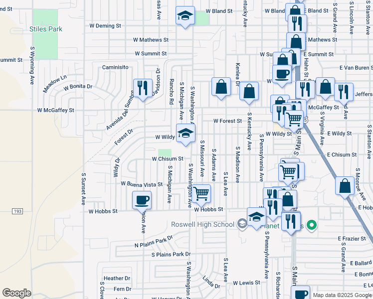 map of restaurants, bars, coffee shops, grocery stores, and more near 1400 South Washington Avenue in Roswell
