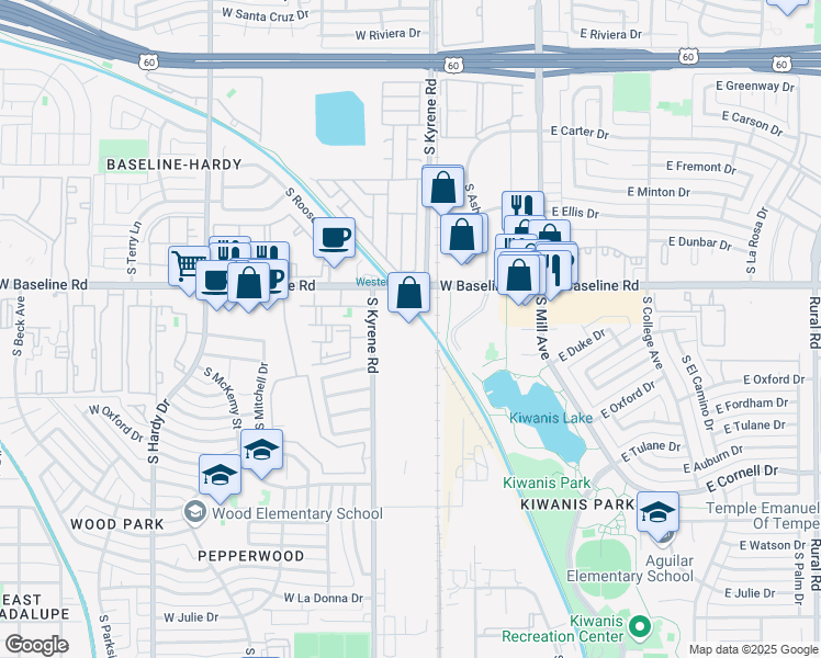 map of restaurants, bars, coffee shops, grocery stores, and more near 5235 South Kyrene Road in Tempe