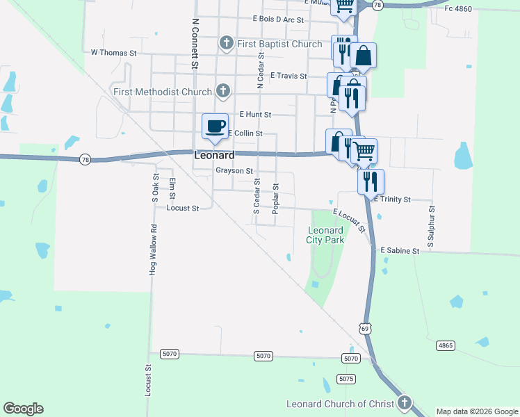 map of restaurants, bars, coffee shops, grocery stores, and more near 506 South Cedar Street in Leonard