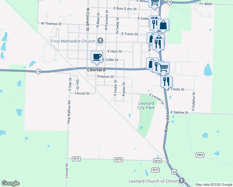 map of restaurants, bars, coffee shops, grocery stores, and more near 506 South Cedar Street in Leonard