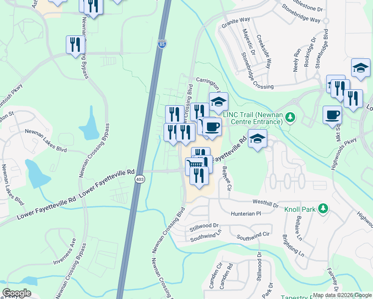 map of restaurants, bars, coffee shops, grocery stores, and more near 1721 Newnan Crossing Boulevard in Newnan