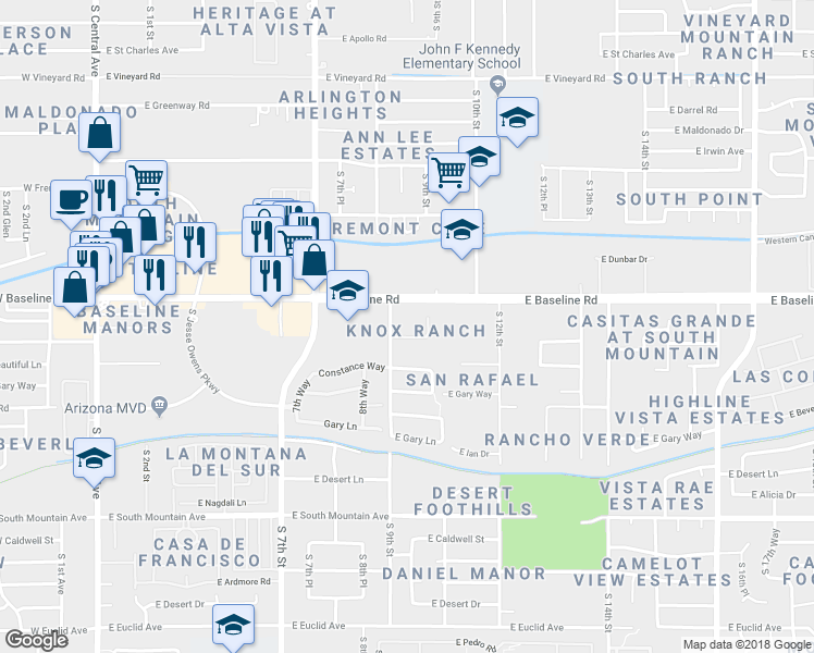 map of restaurants, bars, coffee shops, grocery stores, and more near 914 East Valencia Drive in Phoenix