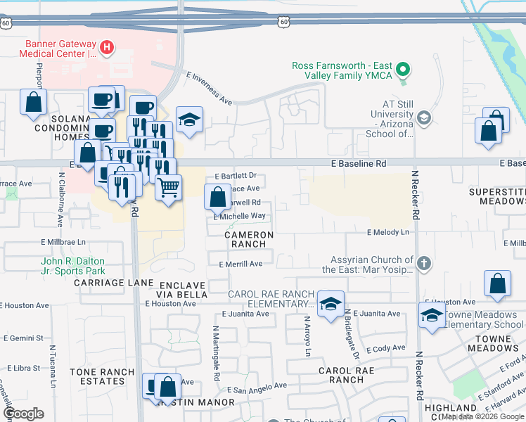 map of restaurants, bars, coffee shops, grocery stores, and more near 3566 East Michelle Way in Gilbert