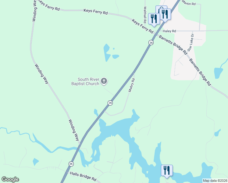 map of restaurants, bars, coffee shops, grocery stores, and more near 2255 Highway 36 East in Jackson