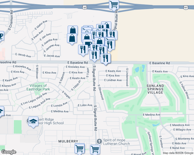 map of restaurants, bars, coffee shops, grocery stores, and more near 2116 South Olivewood in Mesa