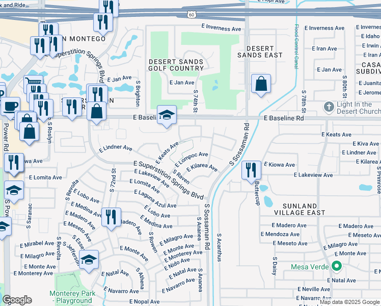map of restaurants, bars, coffee shops, grocery stores, and more near 7459 East Lompoc Avenue in Mesa