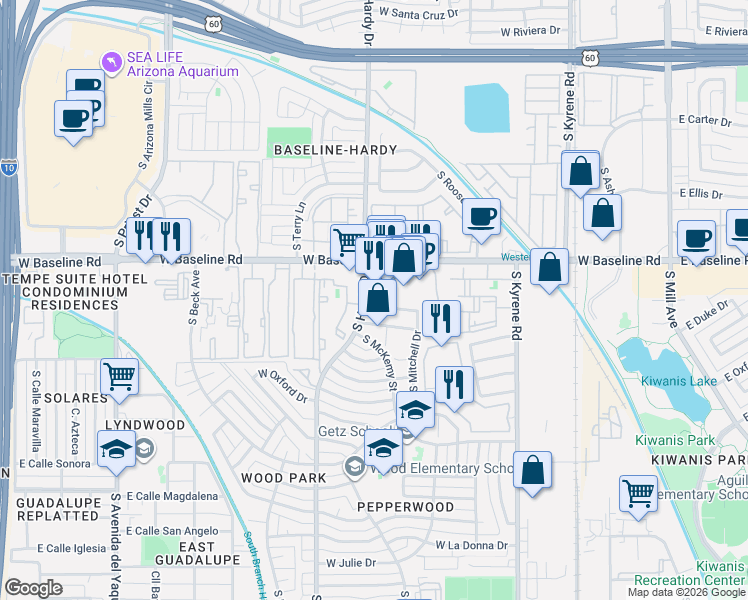 map of restaurants, bars, coffee shops, grocery stores, and more near 851 West Rice Drive in Tempe