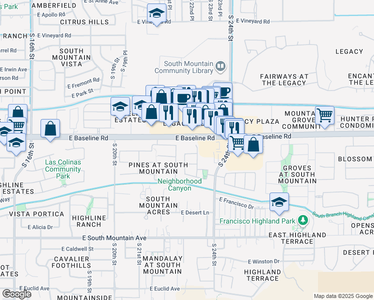 map of restaurants, bars, coffee shops, grocery stores, and more near 2319 East Branham Lane in Phoenix