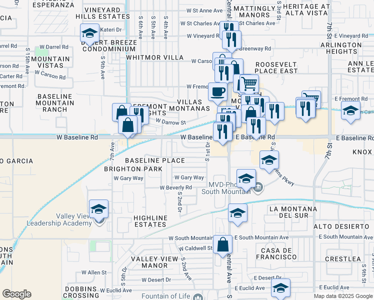 map of restaurants, bars, coffee shops, grocery stores, and more near 202 West Harwell Road in Phoenix