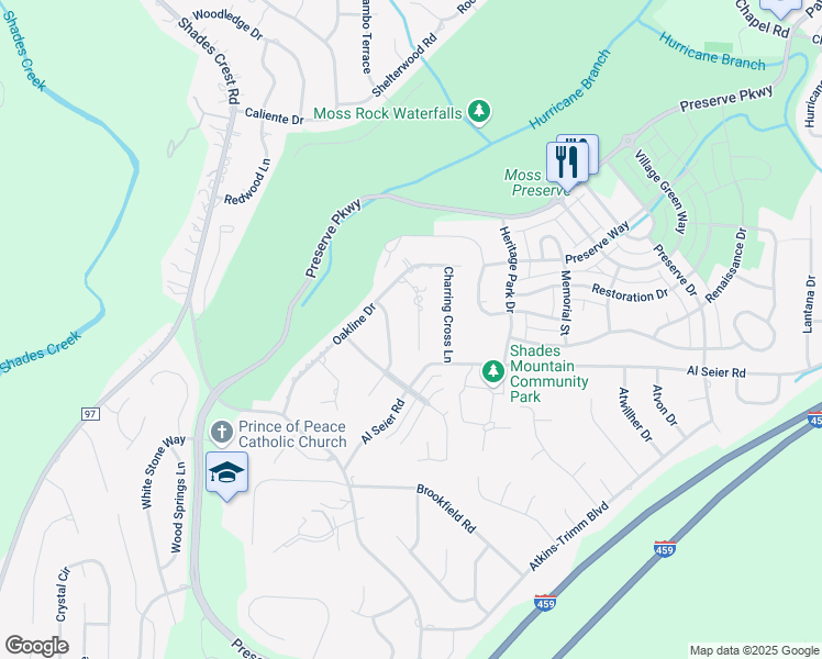 map of restaurants, bars, coffee shops, grocery stores, and more near 4216 Woodbine Lane in Hoover