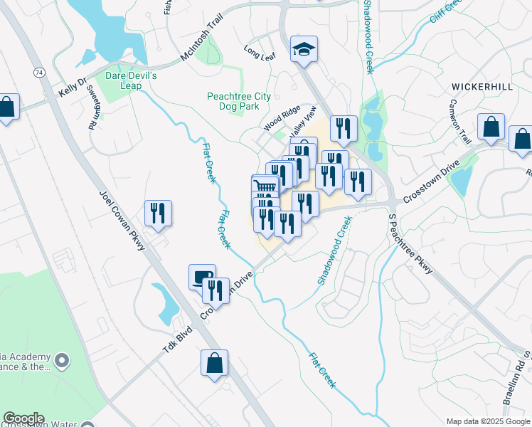 map of restaurants, bars, coffee shops, grocery stores, and more near 564 Crosstown Drive in Peachtree City