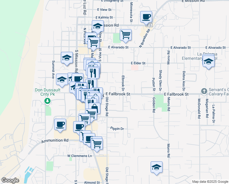 map of restaurants, bars, coffee shops, grocery stores, and more near 330 East Fallbrook Street in Fallbrook