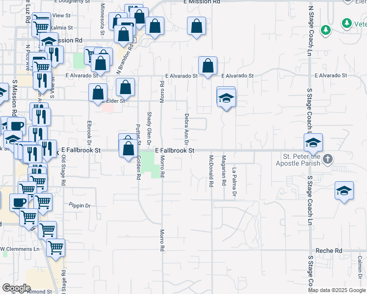 map of restaurants, bars, coffee shops, grocery stores, and more near 655 Debra Ann Drive in Fallbrook