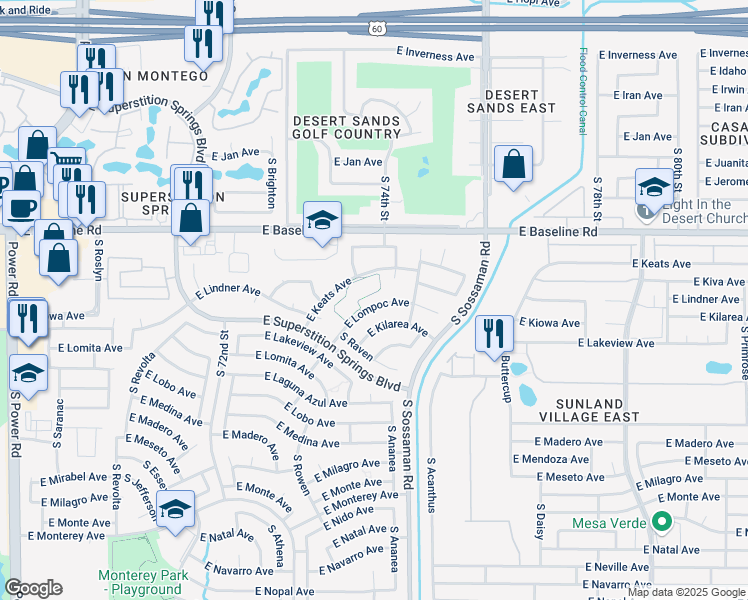map of restaurants, bars, coffee shops, grocery stores, and more near 7459 East Lompoc Avenue in Mesa