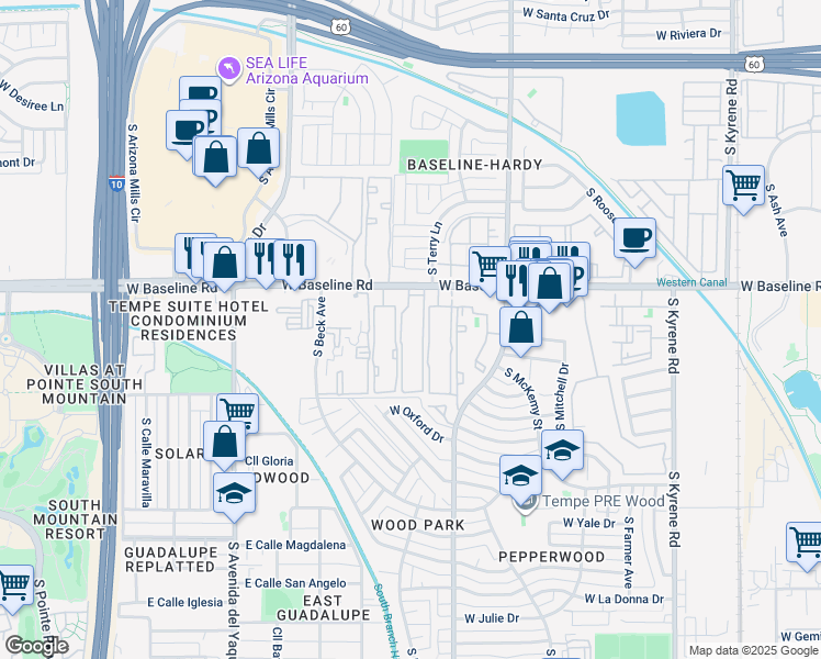 map of restaurants, bars, coffee shops, grocery stores, and more near 1145 West Baseline Road in Tempe