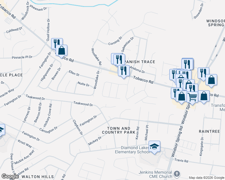 map of restaurants, bars, coffee shops, grocery stores, and more near 3834 Woodlake Court in Hephzibah