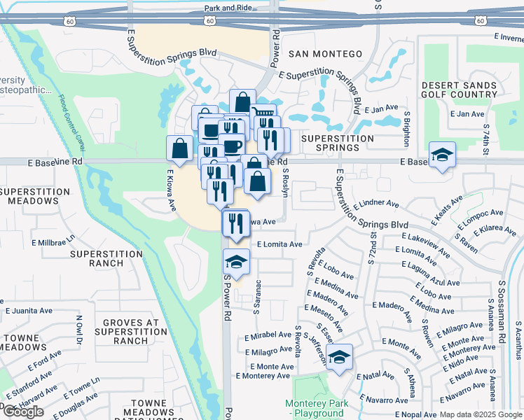 map of restaurants, bars, coffee shops, grocery stores, and more near 2055 South Saranac in Mesa