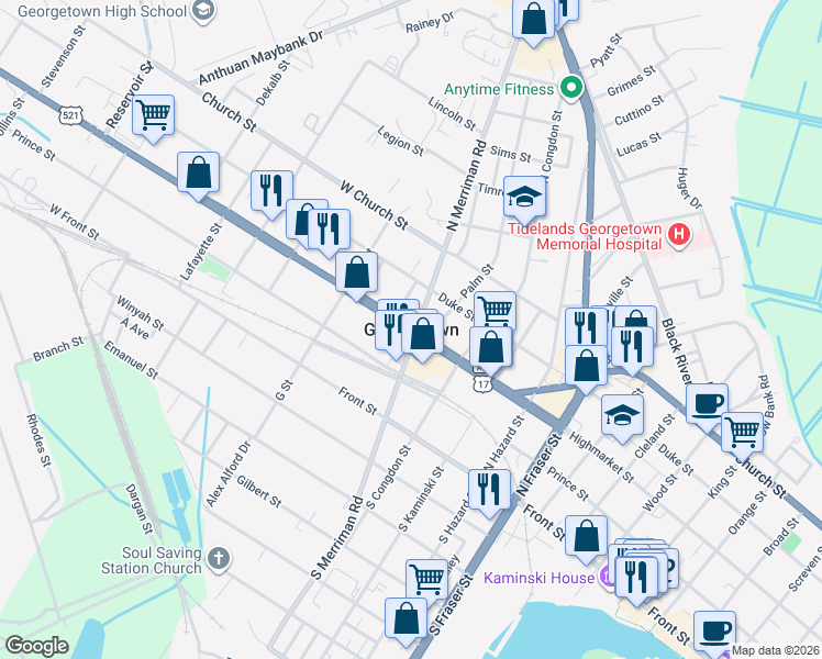 map of restaurants, bars, coffee shops, grocery stores, and more near in Georgetown