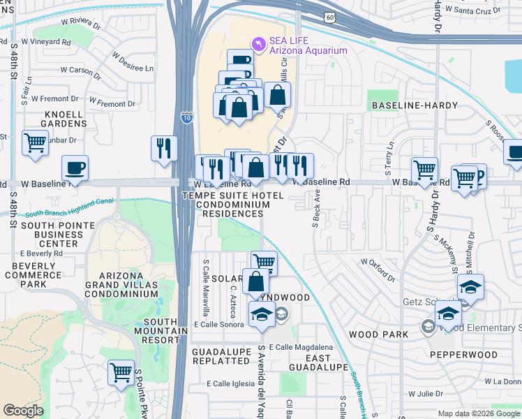map of restaurants, bars, coffee shops, grocery stores, and more near 5201 S Avenida Del Yaqui in Guadalupe