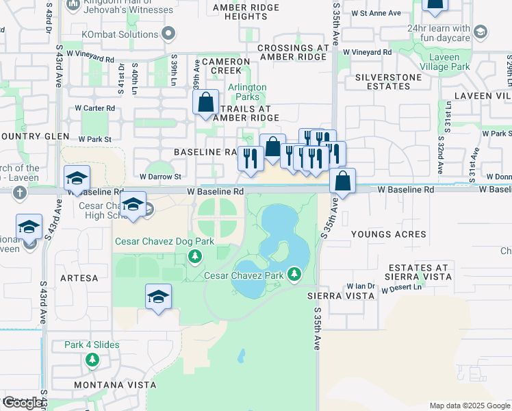 map of restaurants, bars, coffee shops, grocery stores, and more near 3635 West Baseline Road in Phoenix