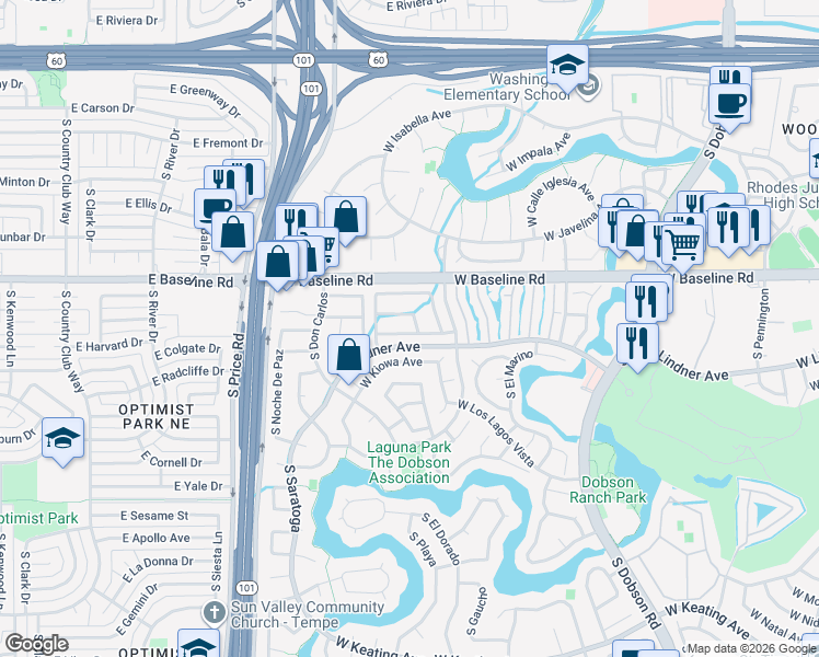 map of restaurants, bars, coffee shops, grocery stores, and more near 2425 West Kilarea Avenue in Mesa
