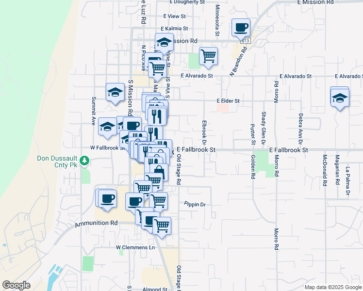 map of restaurants, bars, coffee shops, grocery stores, and more near 302 East Fallbrook Street in Fallbrook