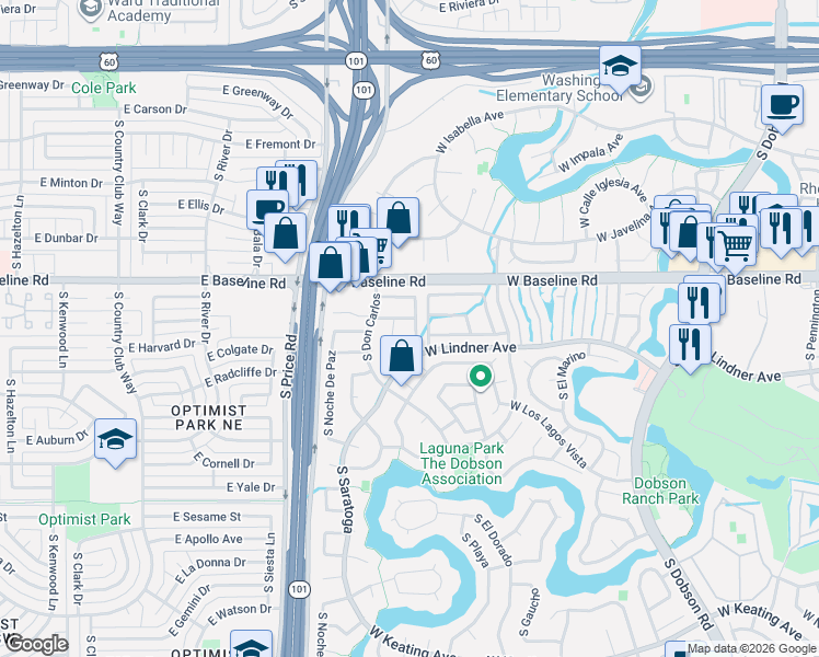 map of restaurants, bars, coffee shops, grocery stores, and more near 2065 South Estrella Circle in Mesa