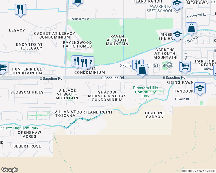 map of restaurants, bars, coffee shops, grocery stores, and more near 3511 East Baseline Road in Phoenix