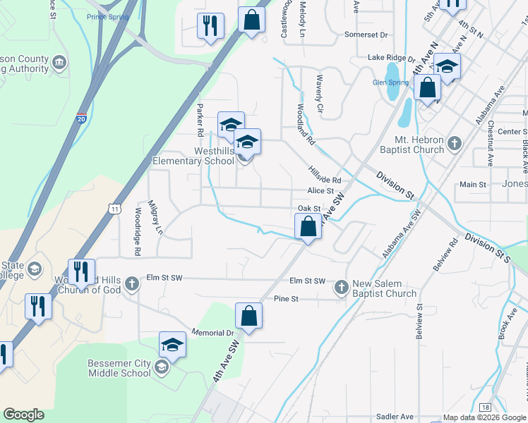 map of restaurants, bars, coffee shops, grocery stores, and more near 540 Woodhill Cove Drive in Bessemer