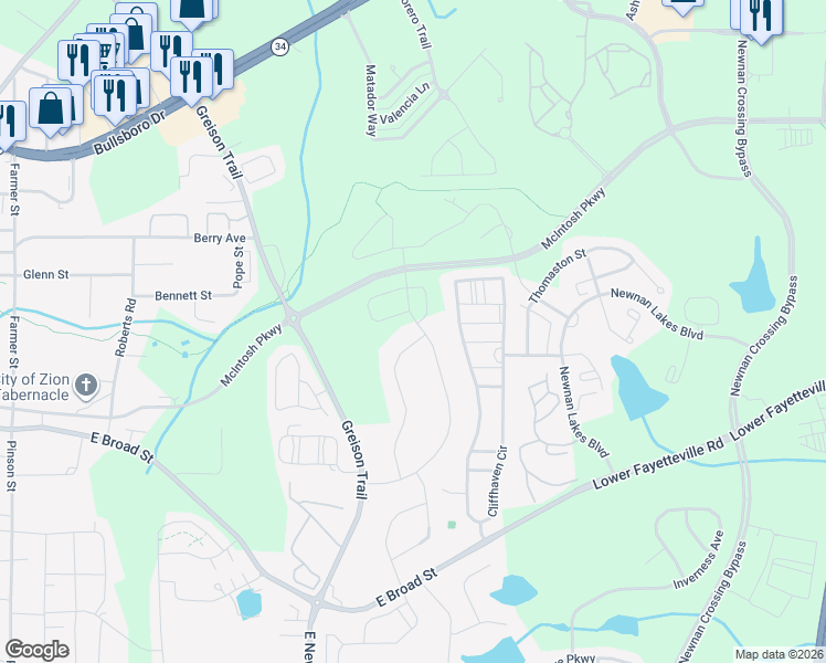 map of restaurants, bars, coffee shops, grocery stores, and more near 30 Jacks Drive in Newnan