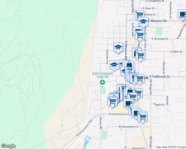 map of restaurants, bars, coffee shops, grocery stores, and more near 795 West Fallbrook Street in Fallbrook