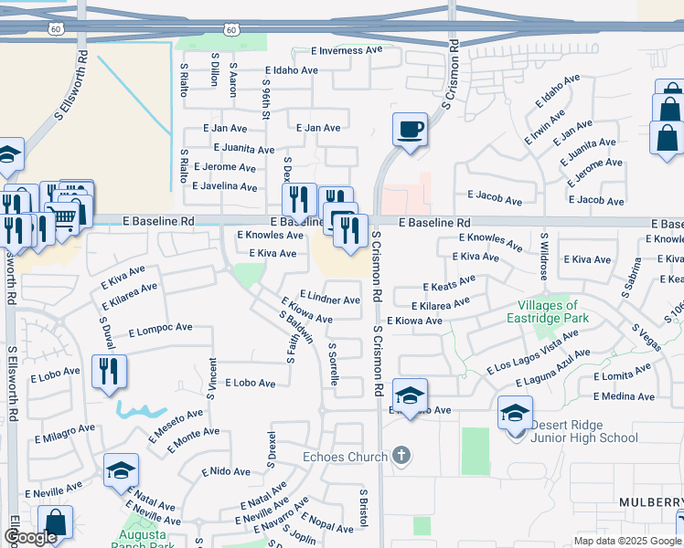 map of restaurants, bars, coffee shops, grocery stores, and more near 9913 East Keats Avenue in Mesa