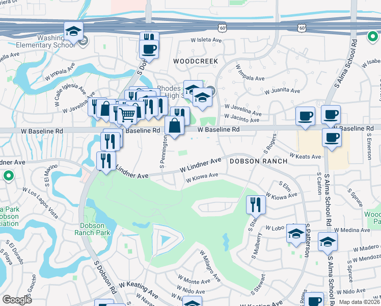 map of restaurants, bars, coffee shops, grocery stores, and more near 1732 West Lindner Avenue in Mesa