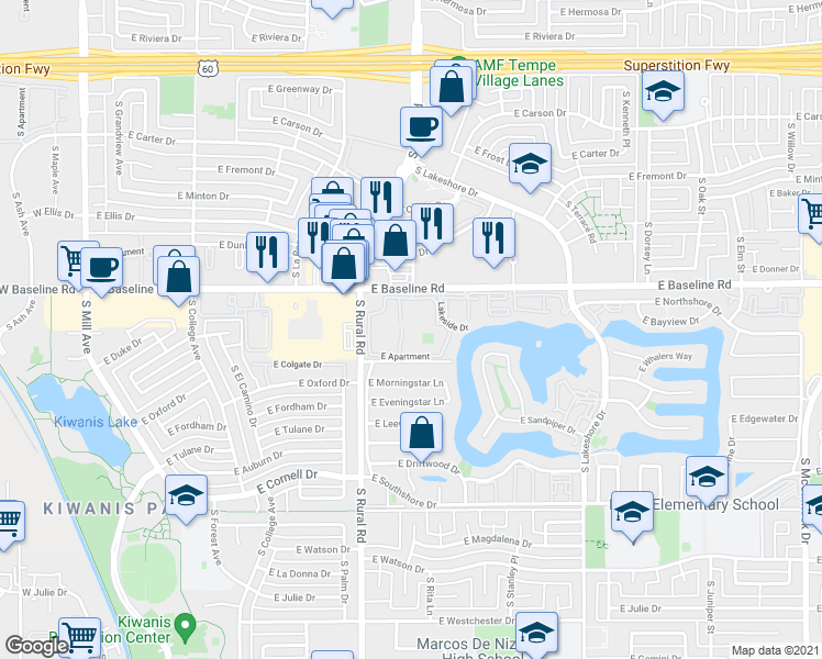 map of restaurants, bars, coffee shops, grocery stores, and more near 995 East Baseline Road in Tempe