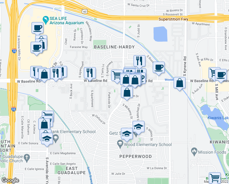 map of restaurants, bars, coffee shops, grocery stores, and more near 5250 South Hardy Drive in Tempe