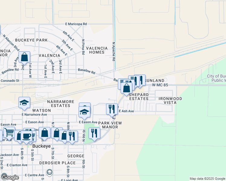 map of restaurants, bars, coffee shops, grocery stores, and more near 180 North Apache Road in Buckeye