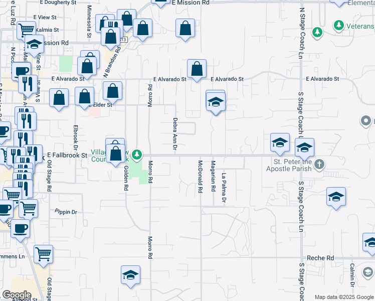 map of restaurants, bars, coffee shops, grocery stores, and more near 1065 East Fallbrook Street in Fallbrook
