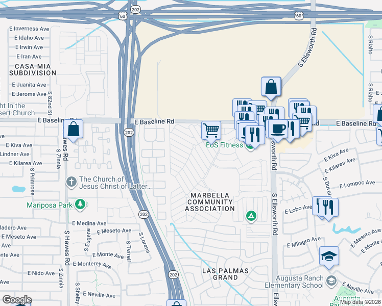 map of restaurants, bars, coffee shops, grocery stores, and more near Aztec Drive in Mesa