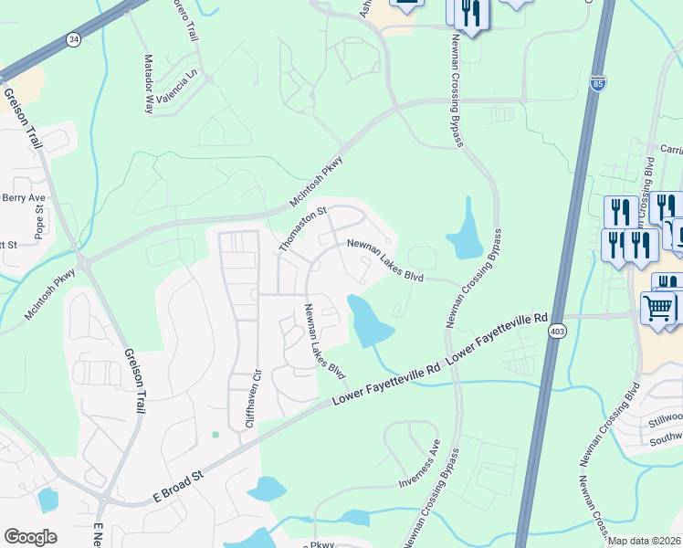 map of restaurants, bars, coffee shops, grocery stores, and more near 91 Covington Terrace in Newnan