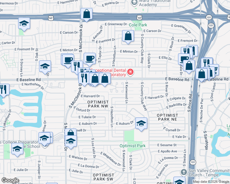 map of restaurants, bars, coffee shops, grocery stores, and more near 5260 South Deborah Drive in Tempe