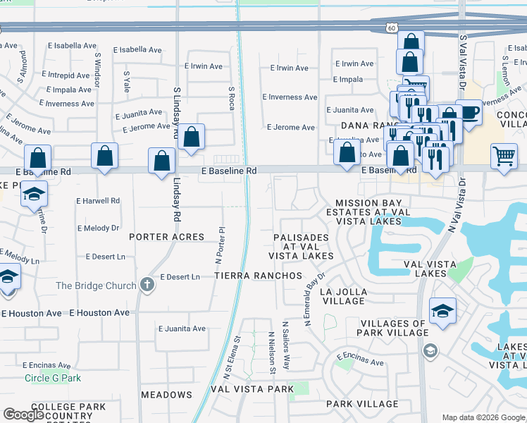 map of restaurants, bars, coffee shops, grocery stores, and more near 1158 Melody Court in Gilbert