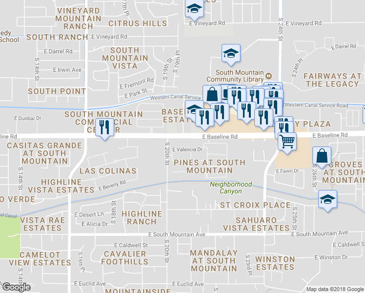 map of restaurants, bars, coffee shops, grocery stores, and more near 2030 East Valencia Drive in Phoenix