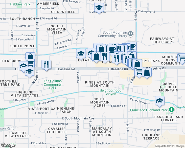 map of restaurants, bars, coffee shops, grocery stores, and more near 2108 East Valencia Drive in Phoenix